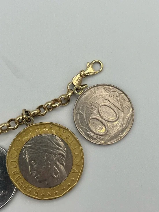 14K Italian Solid Yellow Gold Round Link 7” Lire / Lira Coin Charm Bracelet - Picture 3 of 8